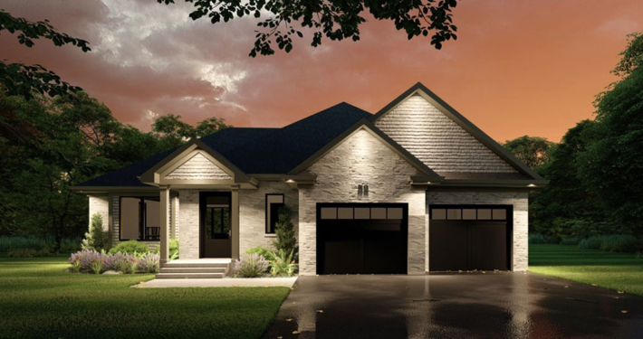 Front view home rendering of the Apex model at dusk with ambient lighting in the Summit Estates development.