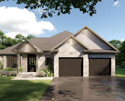 Front view home rendering of the Apex model with 2 car garage in the Summit Estates development.