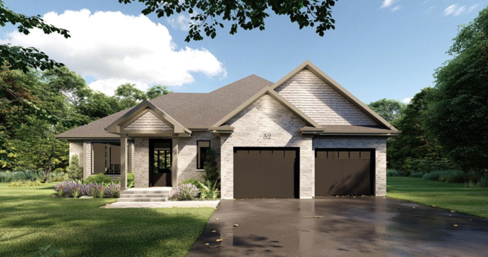 Front view home rendering of the Apex model with 2 car garage in the Summit Estates development.