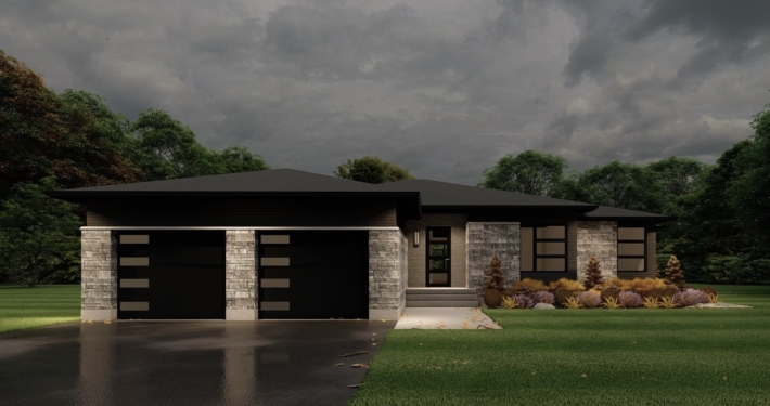 Front view home rendering of the Elevation model with a double car garage and modern grey-toned brick in the Summit Estates.