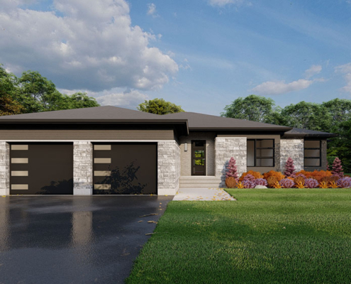 Front view home rendering of the Elevation model with a double car garage and modern grey-toned brick in the Summit Estates.