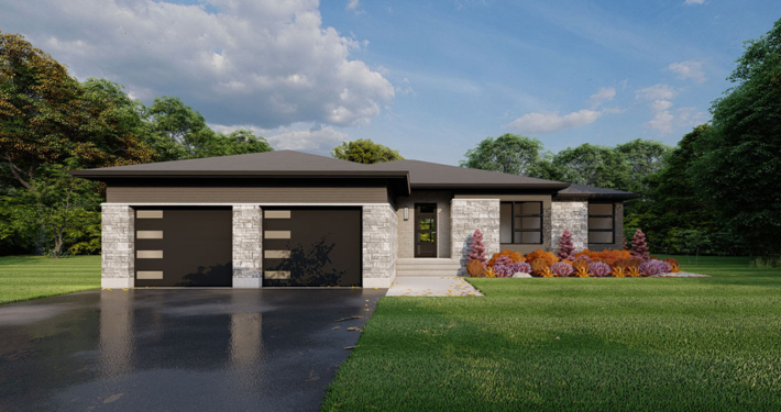 Front view home rendering of the Elevation model with a double car garage and modern grey-toned brick in the Summit Estates.