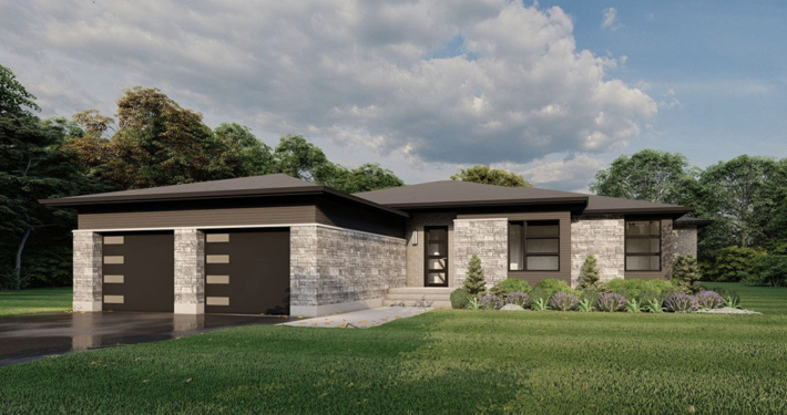 Front view home rendering of the Elevation model with a double car garage and modern grey-toned brick in the Summit Estates.