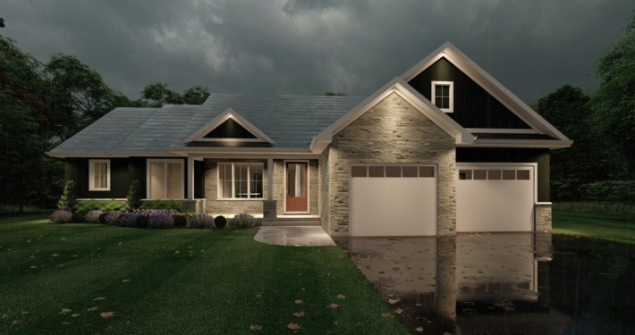 Front view home rendering of the Everest model at dusk with ambient lighting in the Summit Estates development.