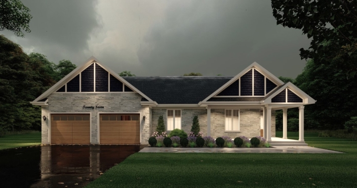 Front view home rendering of the Glacier model at dusk in the Summit Estates development.
