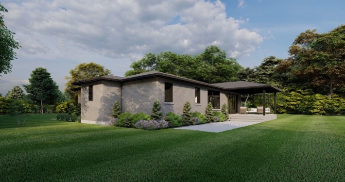 Side view home rendering of the Elevation model with a double car garage and modern grey-toned brick in the Summit Estates.