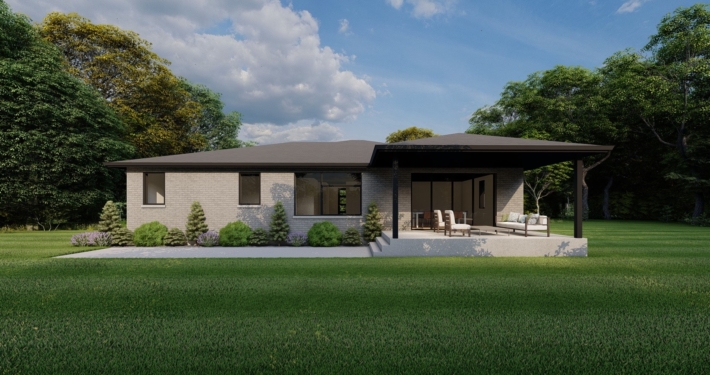 Rear view home rendering of the Elevation model with a double car garage and modern grey-toned brick in the Summit Estates.