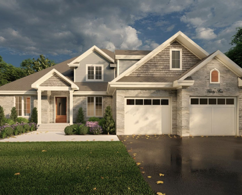 Front view home rendering of the Peak model with double car garage in the Summit Estates development.