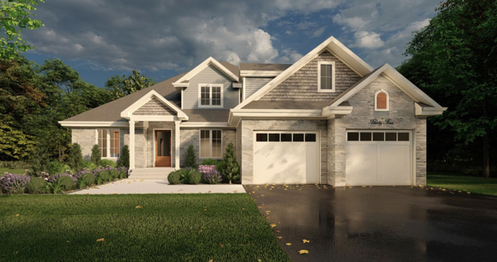 Front view home rendering of the Peak model with double car garage in the Summit Estates development.
