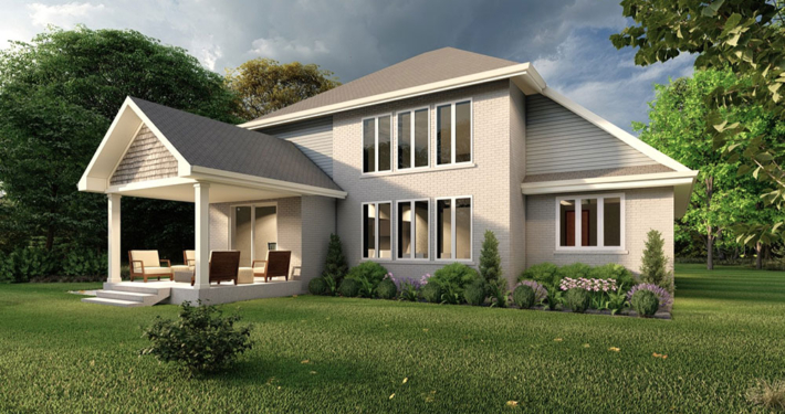 Home rendering of the Peak Model shown with a beautiful modern covered concrete patio in the Summit Estates development.