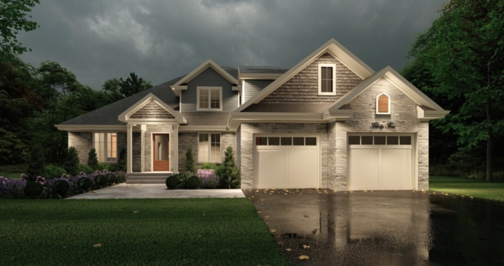 Front view home rendering of the Peak model at dusk with ambient lighting in the Summit Estates development.