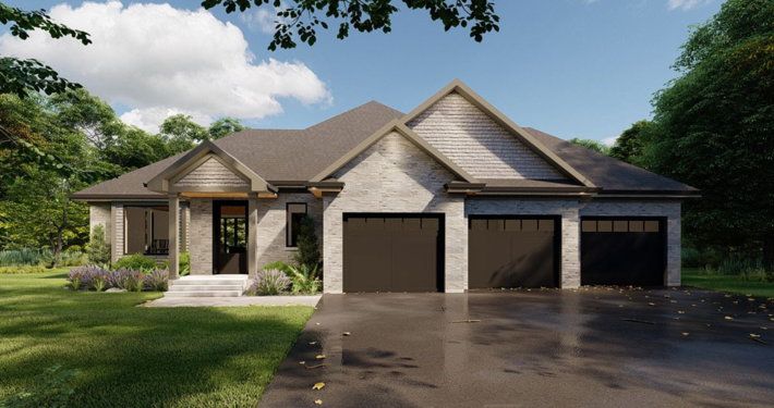 Front view home rendering of the Apex model with a 3 car garage in the Summit Estates development.
