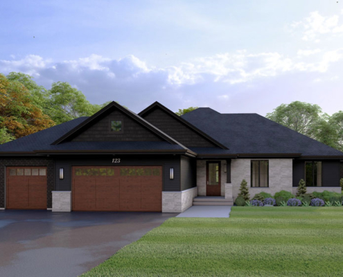 Front view home rendering of the modern Elevation 2 model with a single and double car garage in the Summit Estates development.