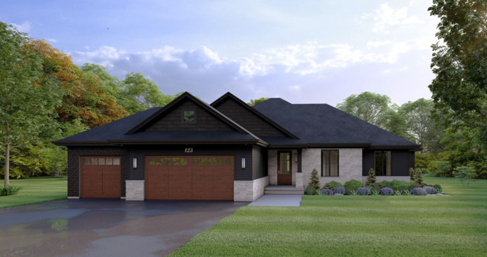 Front view home rendering of the modern Elevation 2 model with a single and double car garage in the Summit Estates development.