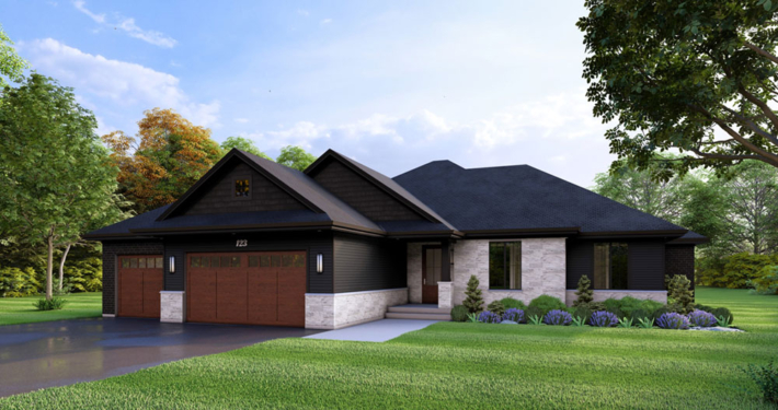 Angled front view home rendering of the modern Elevation II model with a single and double car garage in the Summit Estates development.