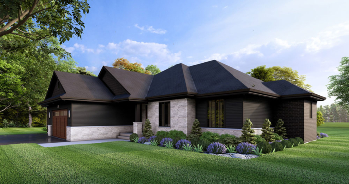 Side view home rendering of the modern Elevation model with light grey brick, black brick, black siding and modern windows in the Summit Estates development.